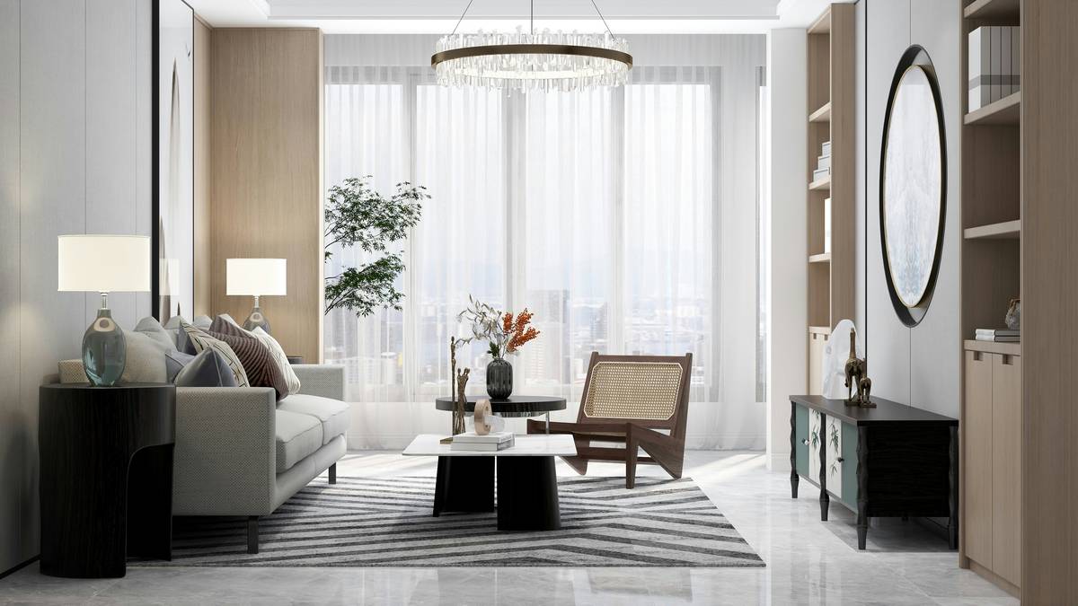 Modern living room with living room lamp smart wifi casting warm ambient light near sofa and bookshelf