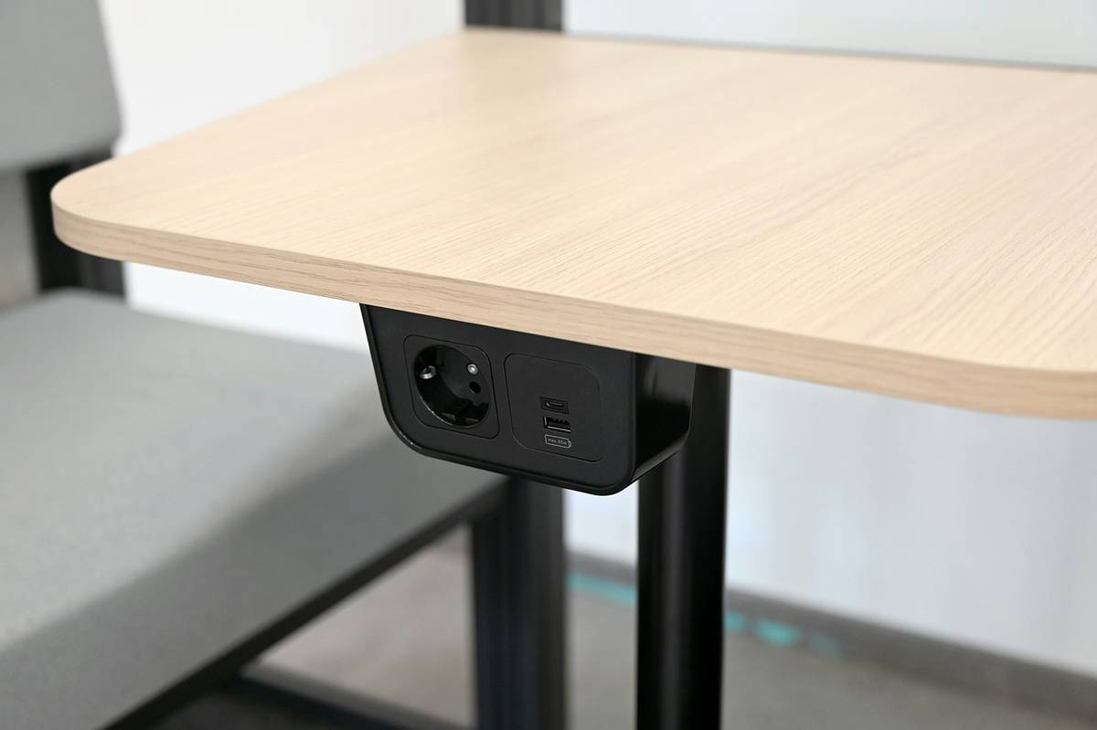 Close-up of smart objects in iot components inside a modular bookshelf with wireless charging and ambient lighting